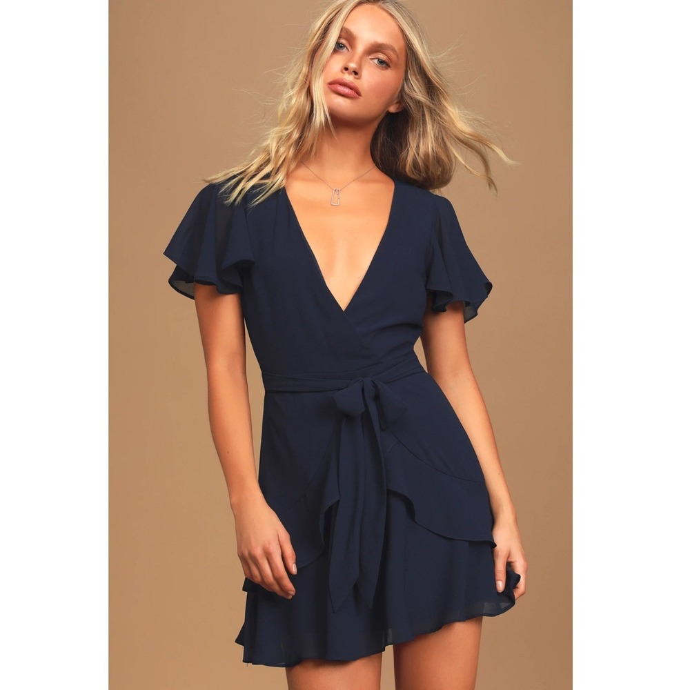 Lulus Sweet Like You Navy Ruffled Mini Dress Size Womens XS
